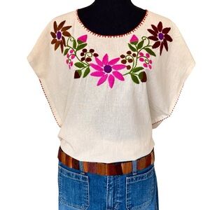 Vintage Traditional Cotton Hand Embroidered Floral Peasant Top- Made in Mexico